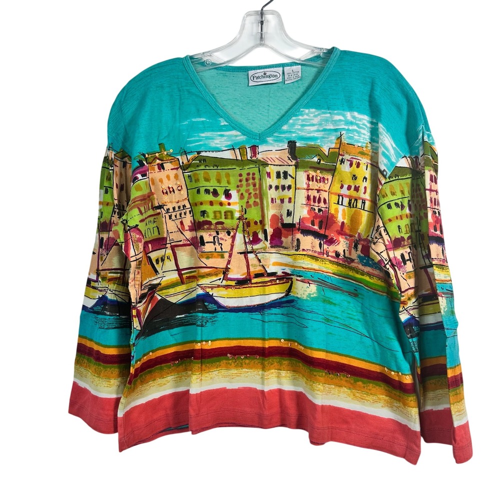 Patchington Womens Large Scenic Harbor Sailboat Sequin Beaded Cotton V-Neck Top